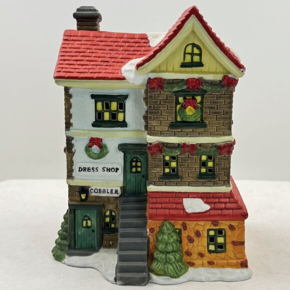 Vintage 1996 Trim A Home Lighted Christmas Village House Dress Shop Cobbler 8" - Picture 1 of 14